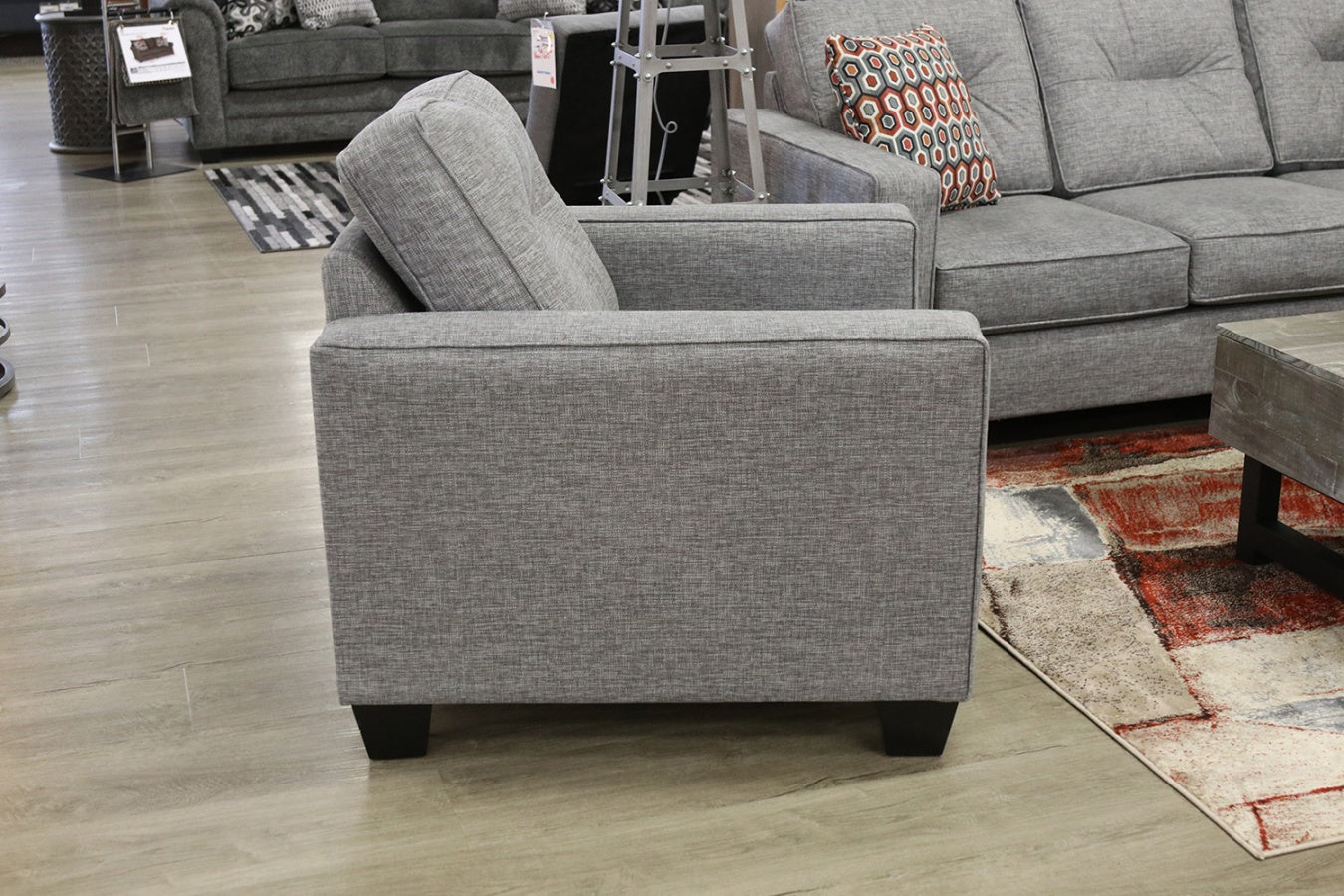 Side view of the Stanton 448 chair in Hazey Fog fabric.