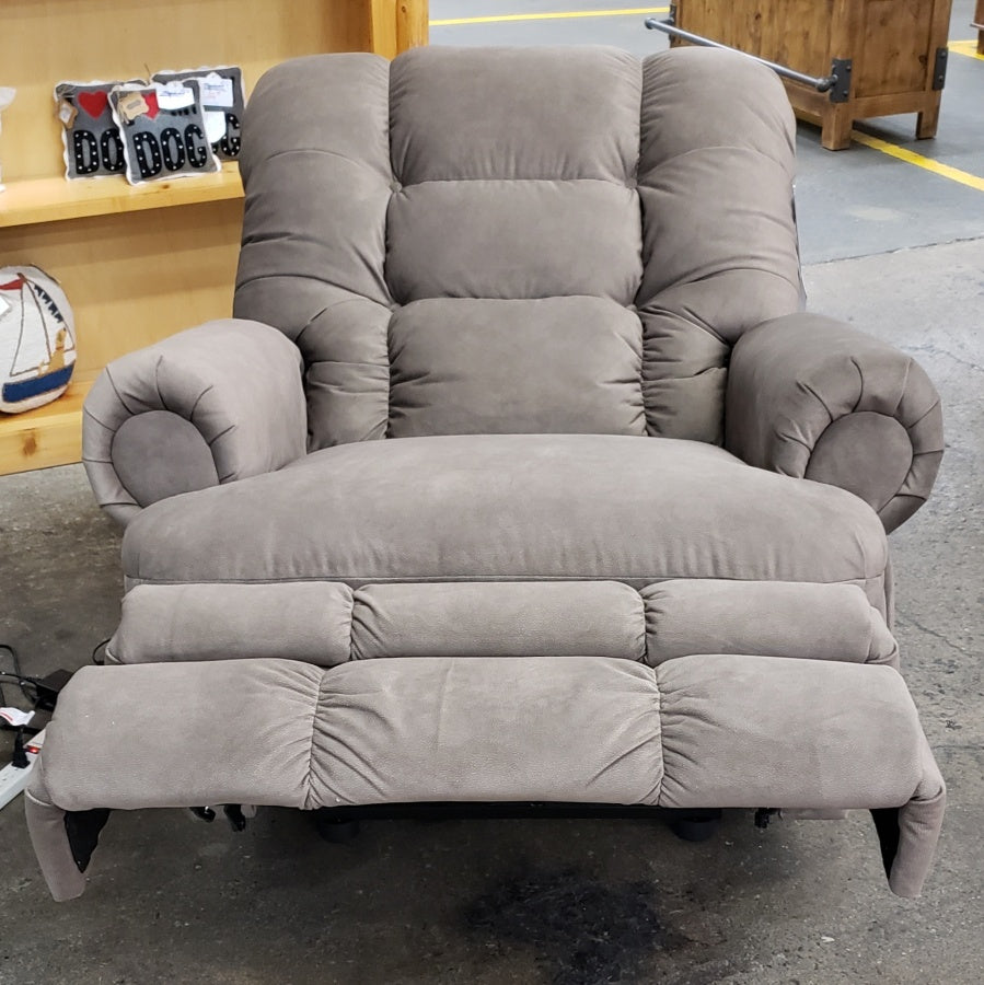 Front-facing view of the Stanton 882 power headrest and lumbar big mans lift chair in Weekend Walks Mocha fabric in the reclined position.