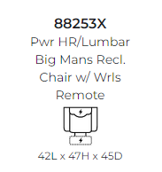 Diagram of the 882 Stanton power headrest and lumbar big mans lift chair showing dimensions.