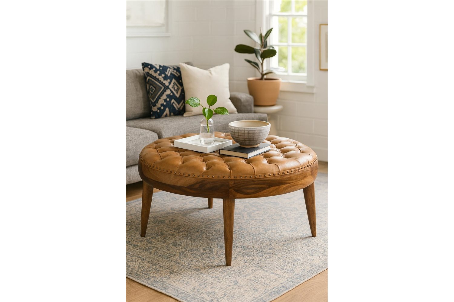 Chaney Brown Leather Round Coffee Ottoman